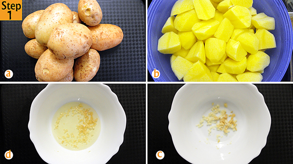 Wash and peel potatoes (a) then cut each potato into quarters (b), putting them in a bowl with water to avoid discoloration (b). Take a separate bowl and put your chopped garlic (c) then add your pure vegetable oil (d).