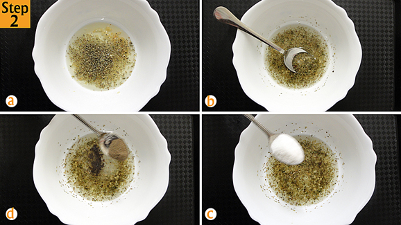 Add mixed herbs (a) and stir (b). Add salt (c and ground black pepper (d) to the bowl with garlic and oil.