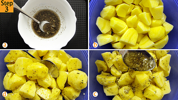 Give it another quick stir until everything is mixed (a). Get back to your potatoes, drain and pat dry them then return them to your bowl(b) . Spoon your garlic and mixed herbs mixture onto the potatoes (c) then mix everything up until each potato quarter is coated with the mixture (d).