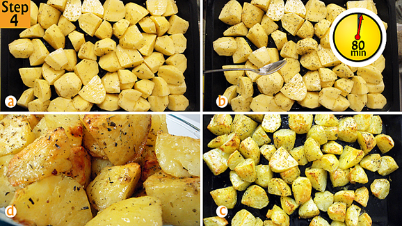 Put potatoes in oven tray (a). Sprinkle 1 more teaspoon of the dried mixed herbs onto the potatoes b) then grill-bake at 180 degrees Celsius/ 350 degrees Fahrenheit/ Gas mark 6 for 1 hour 20 minutes or until they are well done and golden brown (d).