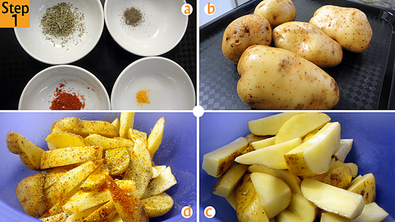 Have your spices ready (a) and your potatoes washed and scrubbed (b). Cut them up into wedges by first cutting each potato into half, vertically, then each half into 3 or four thick vertical strips which will be the wedges and put them in a bowl (c). Immediately season and oil the potato wedges (d).  Toss the about to ensure that each wedge is evenly coated.