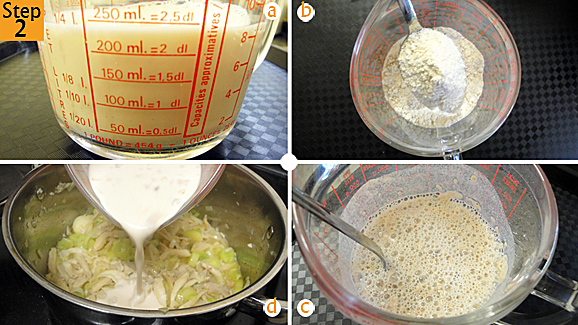Whilst the mushroom, leeks and onion are cooking, measure your fresh milk (a) and add the soup powder to the milk (b). Mix and break any lumps that may form (c). Pour this mixture into the mushroom and leeks (d). Immediately add the chicken stock (or water if you don't have chicken stock).