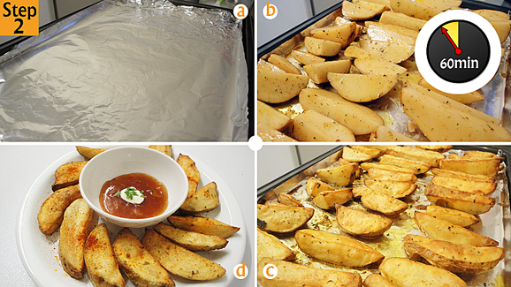 Line your baking sheet with foil paper (a) (order foil paper here), lay the wedges skin side down and grill for 60 minutes (b) or until crispy and golden brown (c). Enjoy (d)!